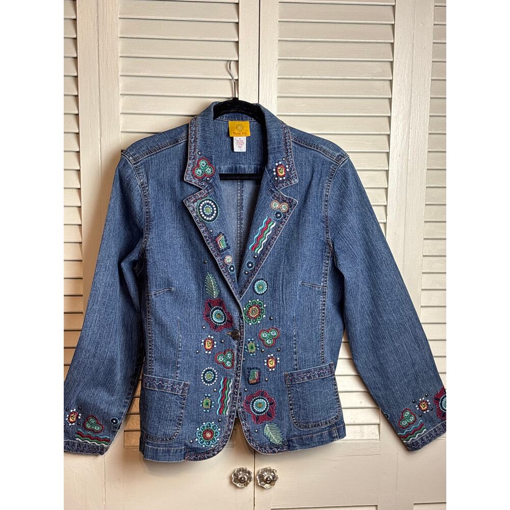 Ruby Rd Aztec Boho Floral Embroidered Blue Denim Jean Jacket Women's Size 16